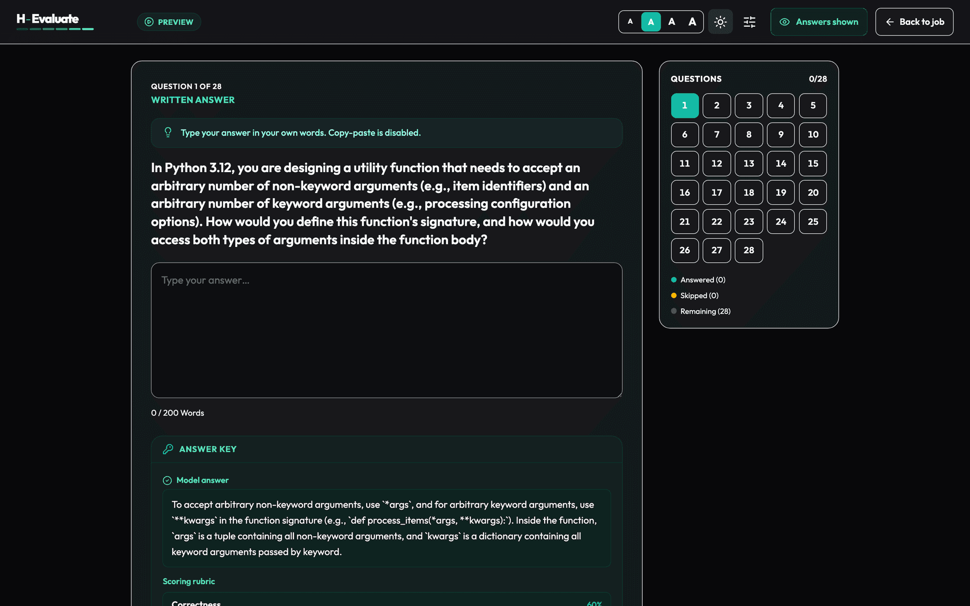 The candidate view of a role-relevant assessment, showing the work a phone screen cannot test